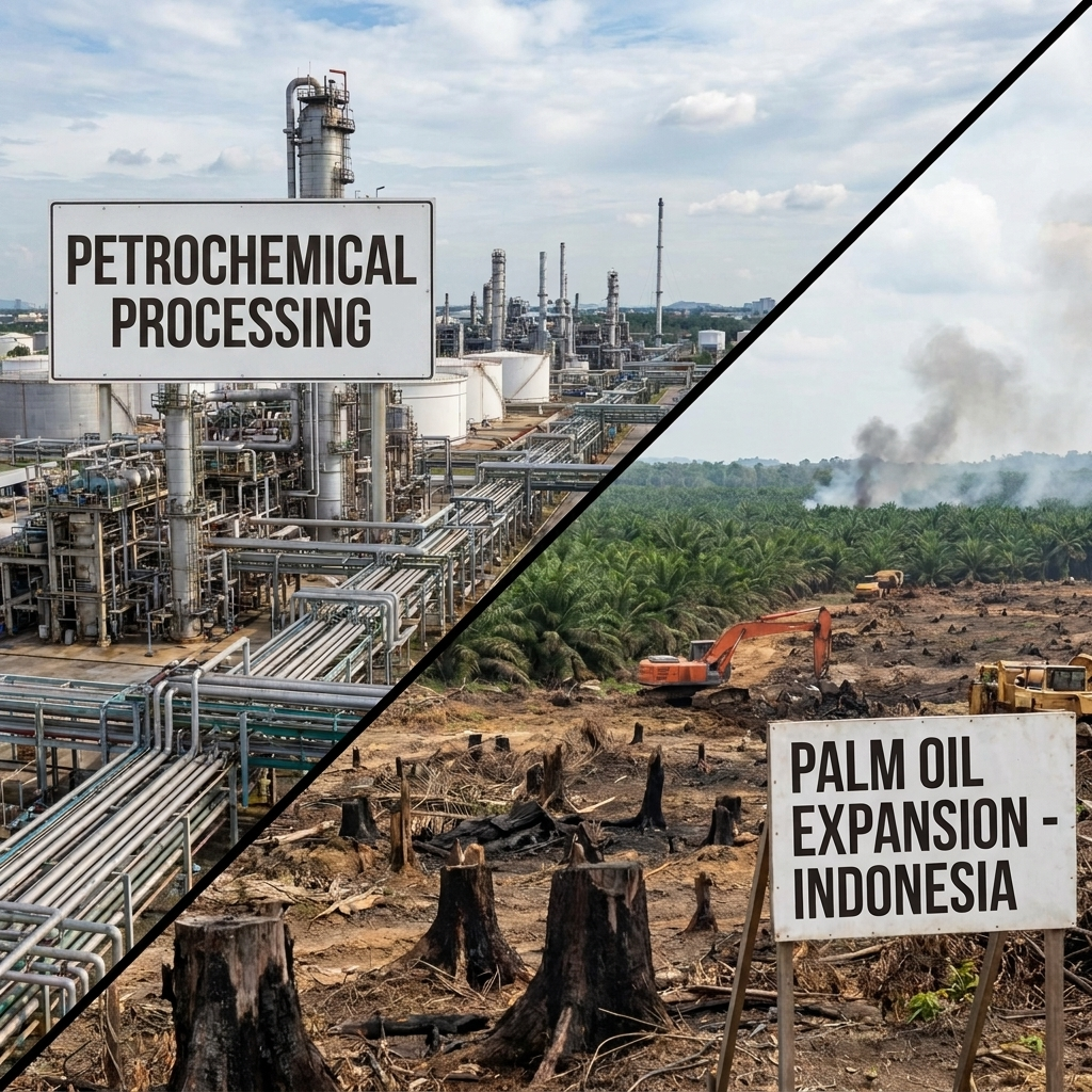 Left: petrochemical refinery. Right: cleared rainforest for palm oil expansion in Indonesia.
